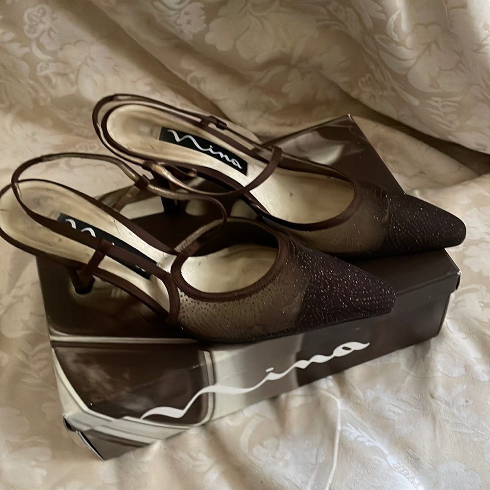 Bronze satin and mesh sling-backs size 8